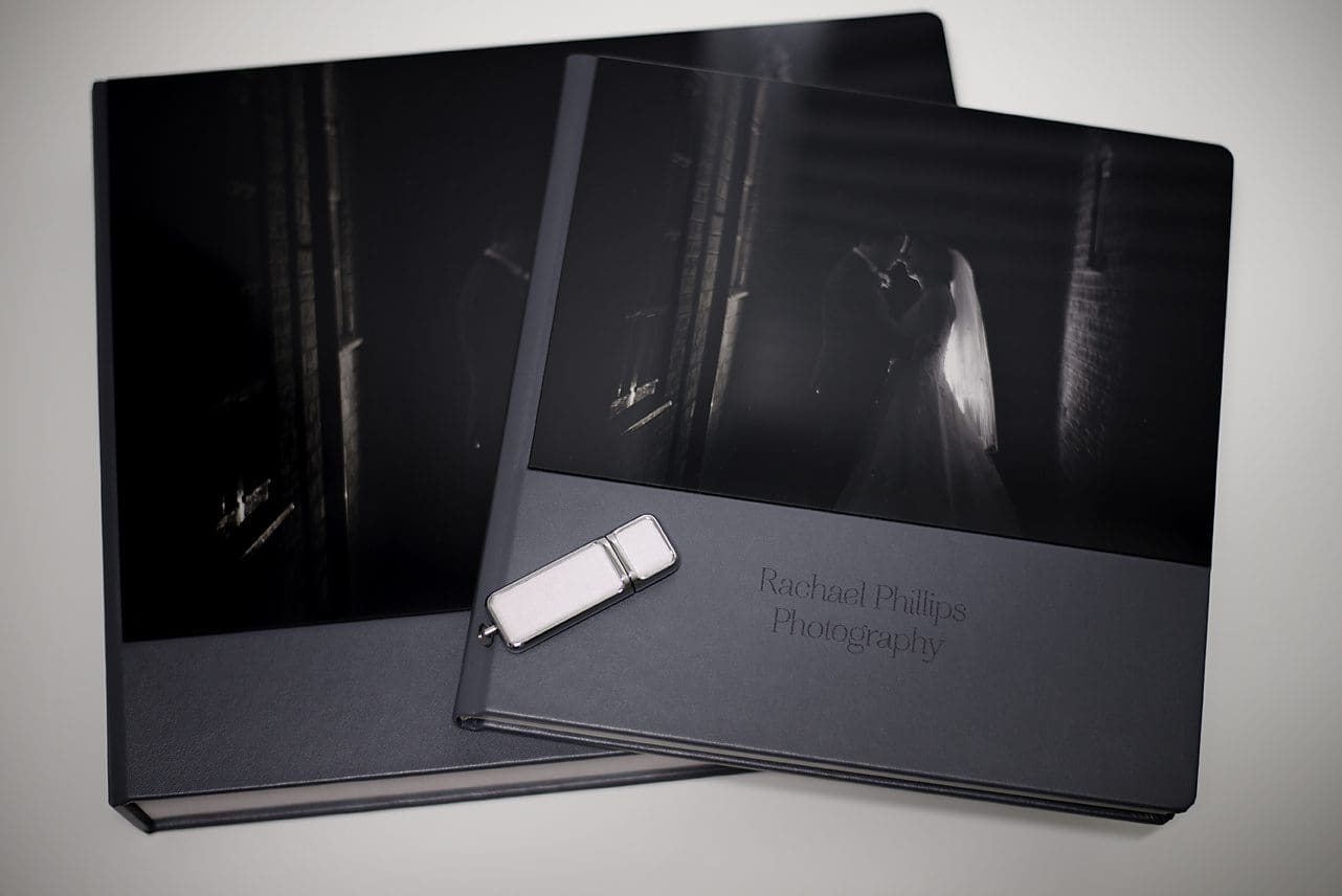 beautiful bespoke wedding album with USB stick and acrylic photo on the front