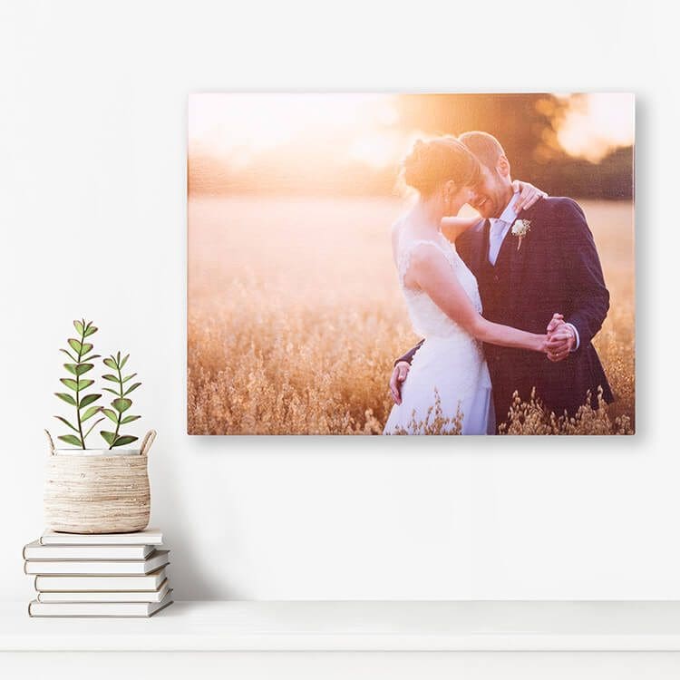 A canvas print on a white wall shows a couple dancing in a sunlit field. The plant and stack of books on the white shelf beneath add a touch of decor. The scene captures warmth and romance.