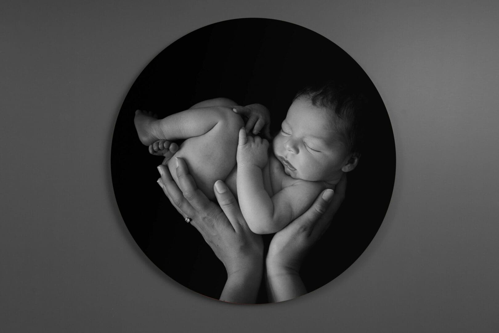 baby boy, Safe in mummy hands, naked baby, black and white photo