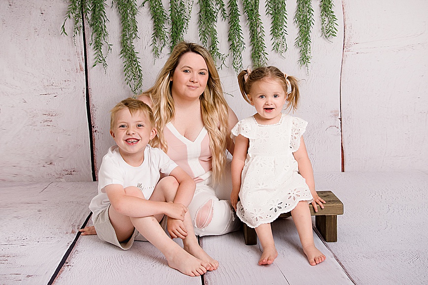 beautiful mummy with her two children having a photo shot at Rachael Phillips Photography in mansfield, Nottingham
