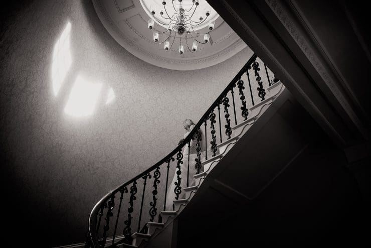 grand stair entrance at eastwood hall in nottingham, b&w photo