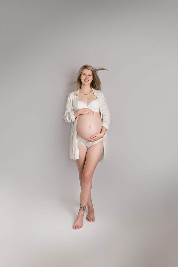 beautiful mummy to be on her maternity session looking lovely, wearing white and underwear
