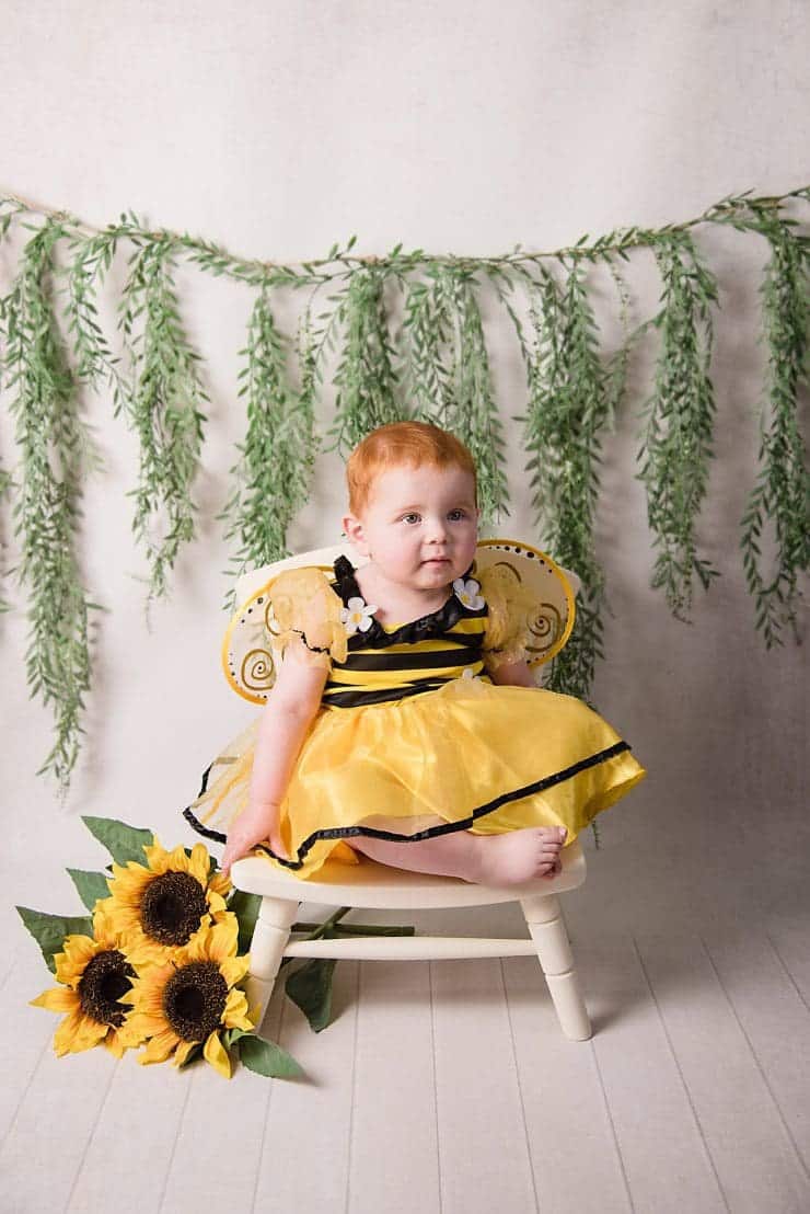 Harper dressed in a little bee costume with a beautiful halo on her head during her cake smash session with Rachael phillips Photography