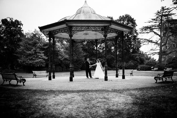 bride and groom portrait photos in the grounds of the castle at newark registry office