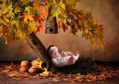 newborn fast asleep with autumn colourings under a tree