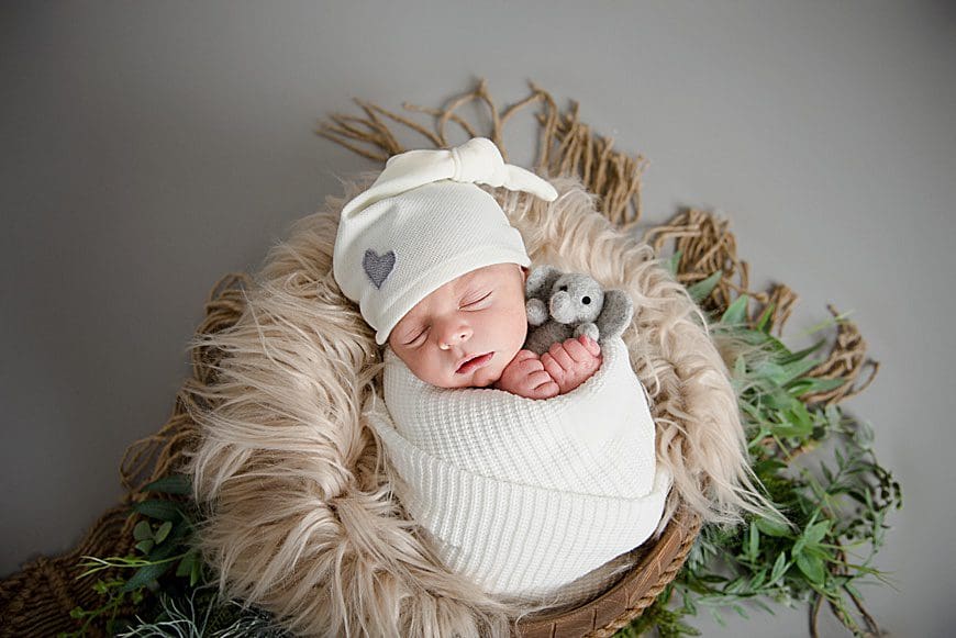 Gorgouse baby boy holding an elephant and wrapped in a cream blanket