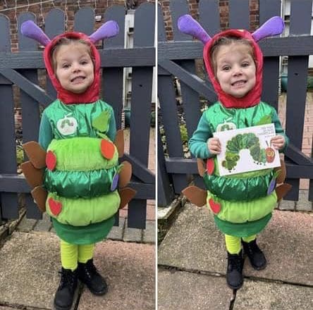 cute child dressed as the hungry caterpillar for world book day