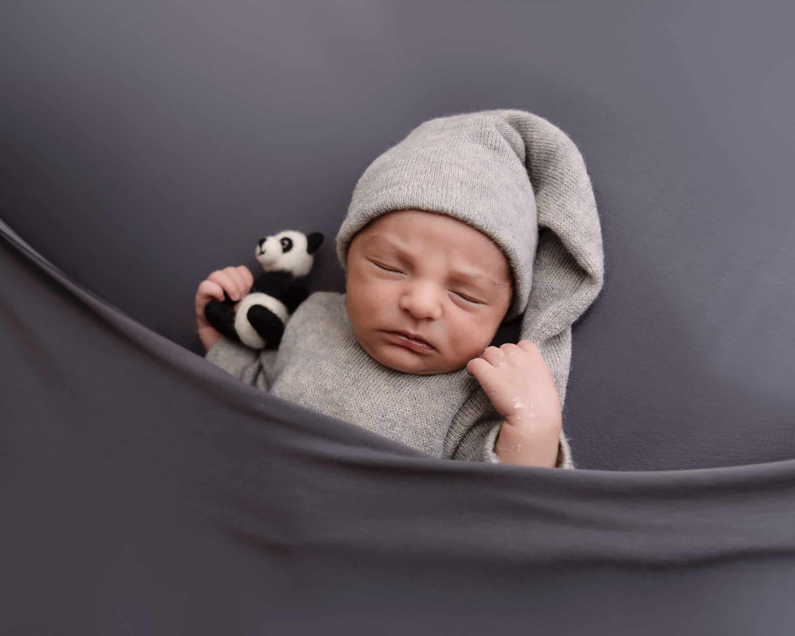 Newborn baby boy laying on a grey backdrop fast asleep on his back holding a panda toy during his newborn session in mansfield.