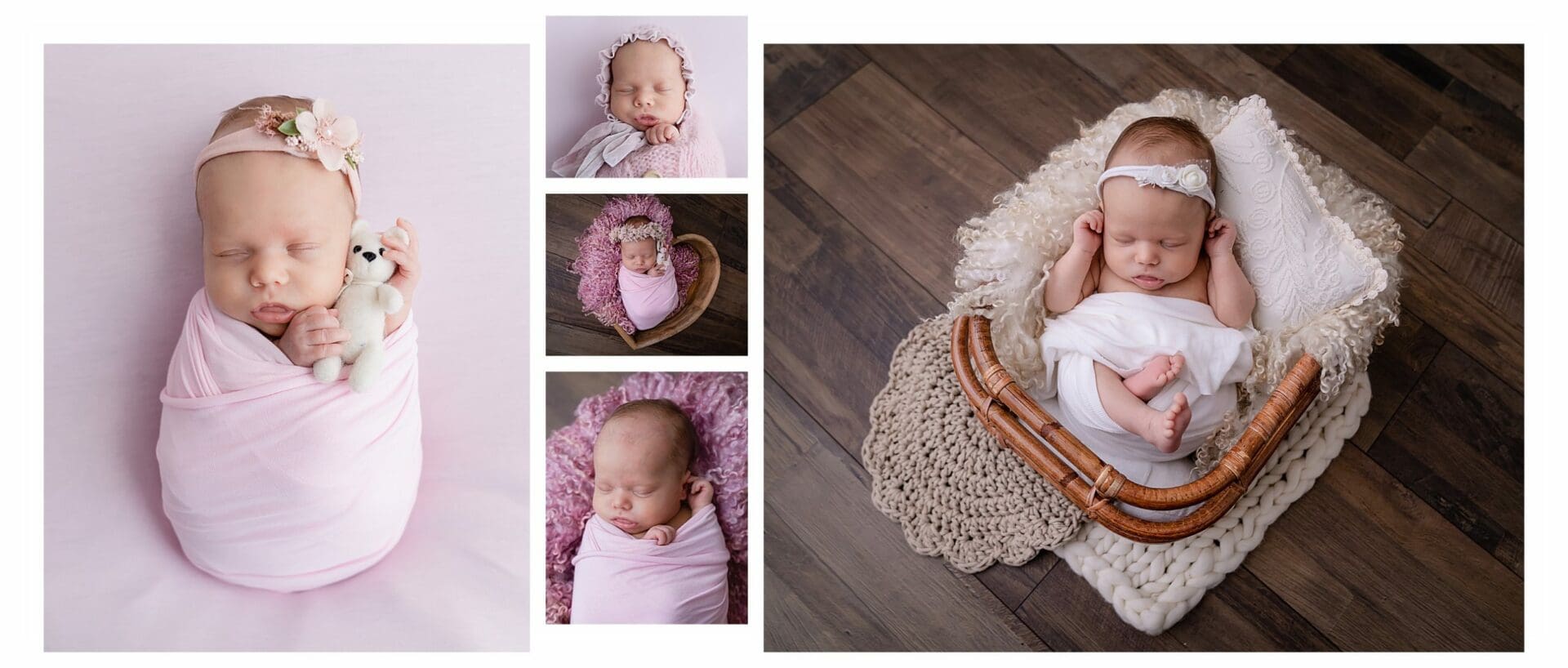 a collage of photos from a newborn mini sessions, the colour scheme is pink and its a baby girl
