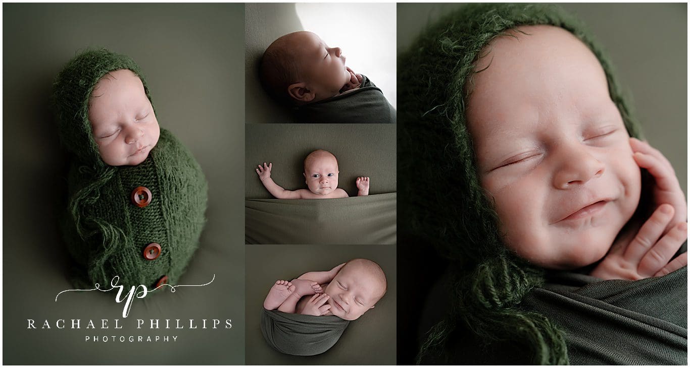 a collage of photos from a newborn mini sessions, the colour scheme is green and its a baby boy