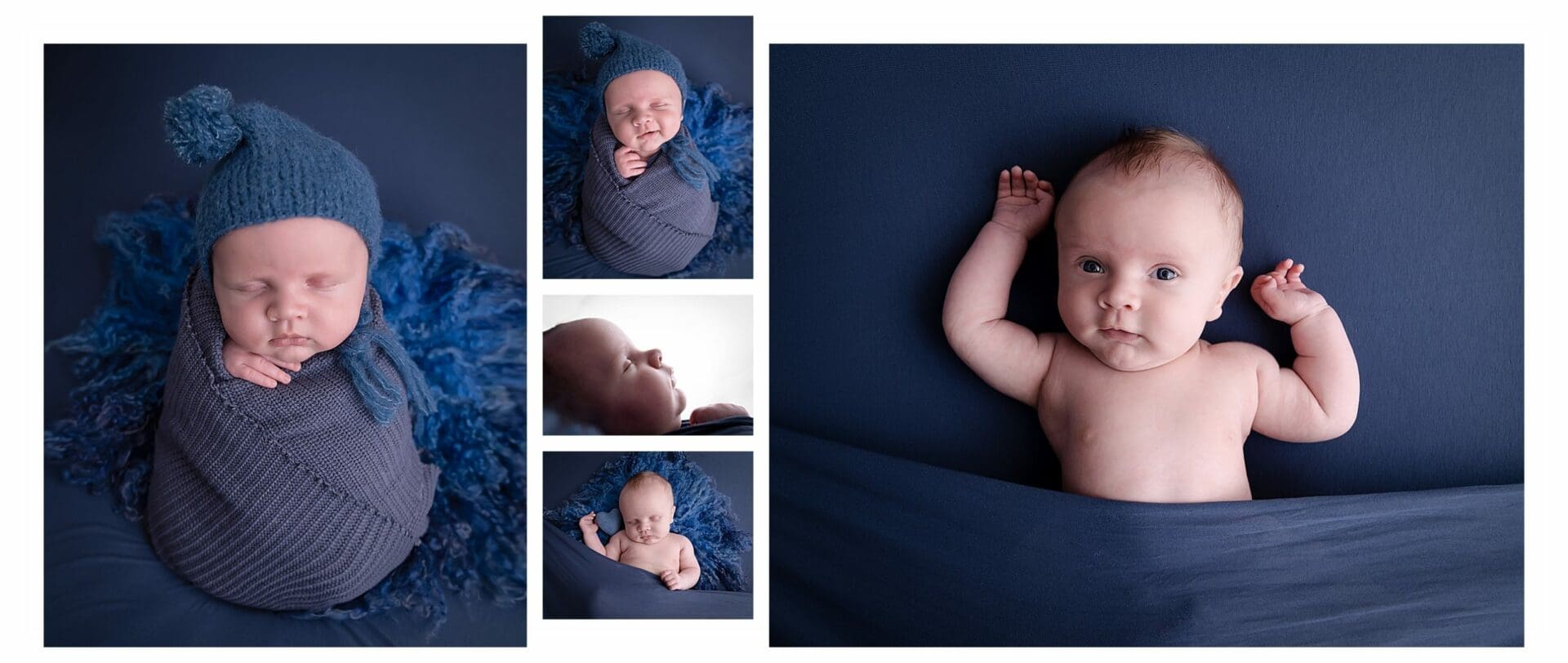 a collage of photos from a newborn mini sessions, the colour scheme is blue and its a baby boy