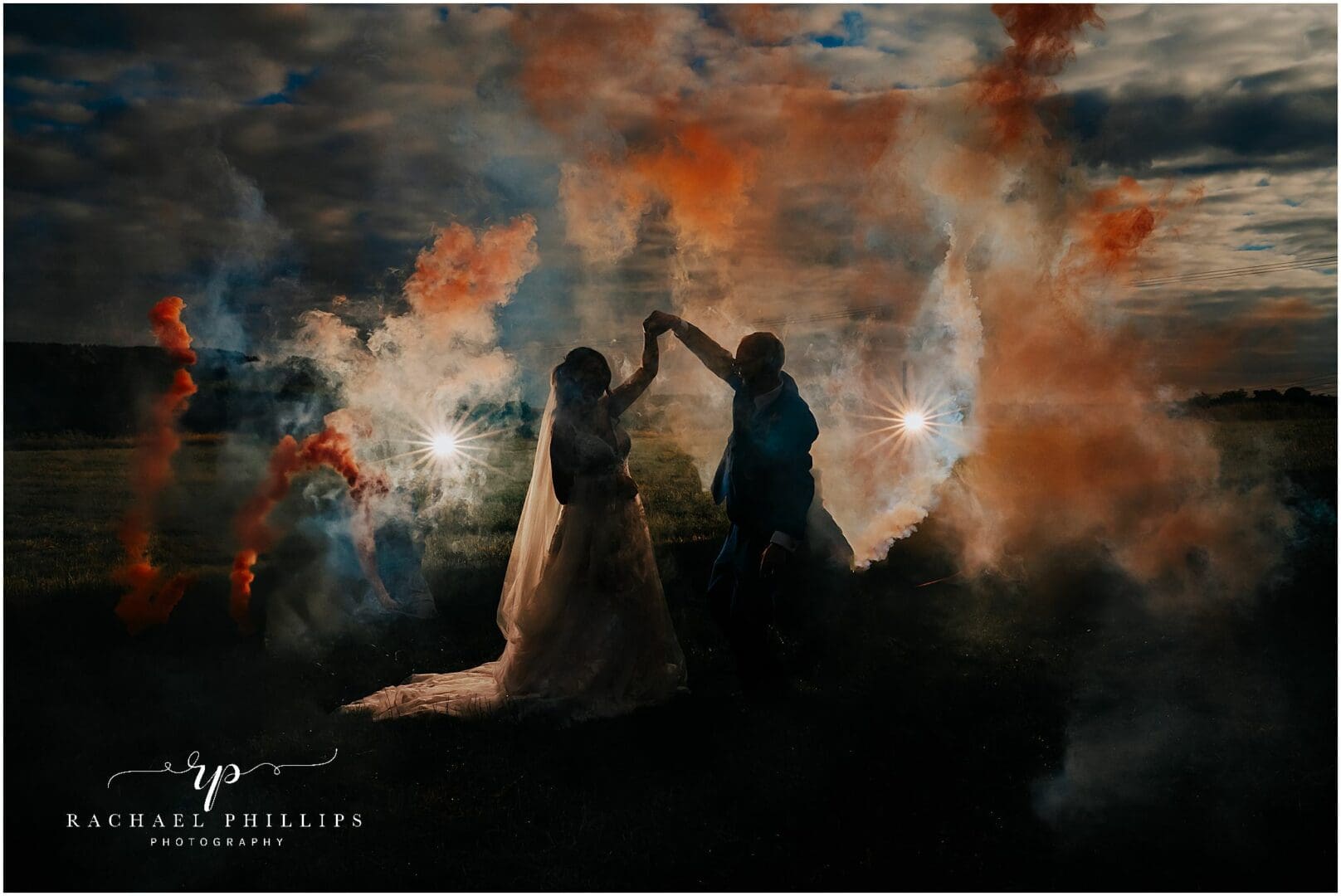 creative smoke boom picture of a bride and groom on their wedding day
