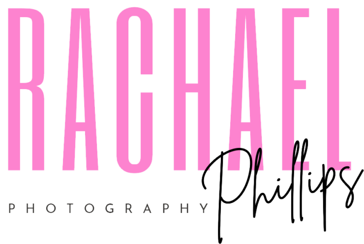Bold pink text reads "Rachael" with "Phillips" in a script font. Below, in smaller black text, "Photography" is displayed. The design blends elegant styles.