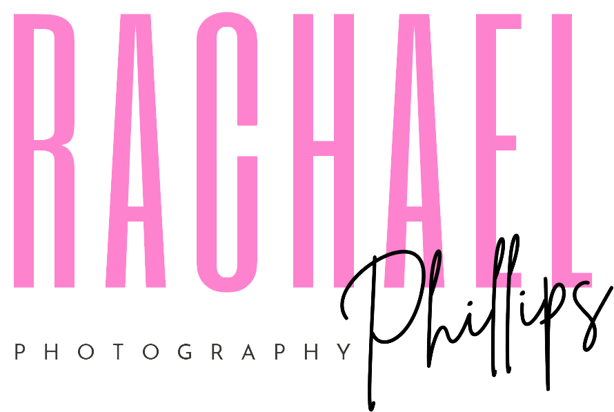 Bold pink text reads "Rachael" with "Phillips" in a script font. Below, in smaller black text, "Photography" is displayed. The design blends elegant styles.