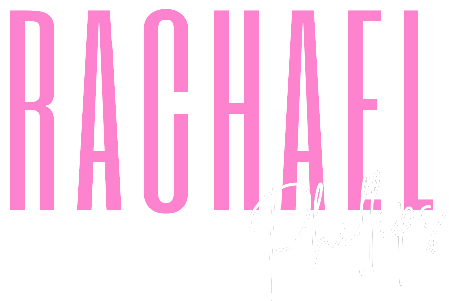 The image features the text "Rachael Phillips Photography" in a stylized font. "Rachael" is in large pink letters, while "Phillips" is written in a cursive white font. The word "Photography" is displayed in smaller white letters.