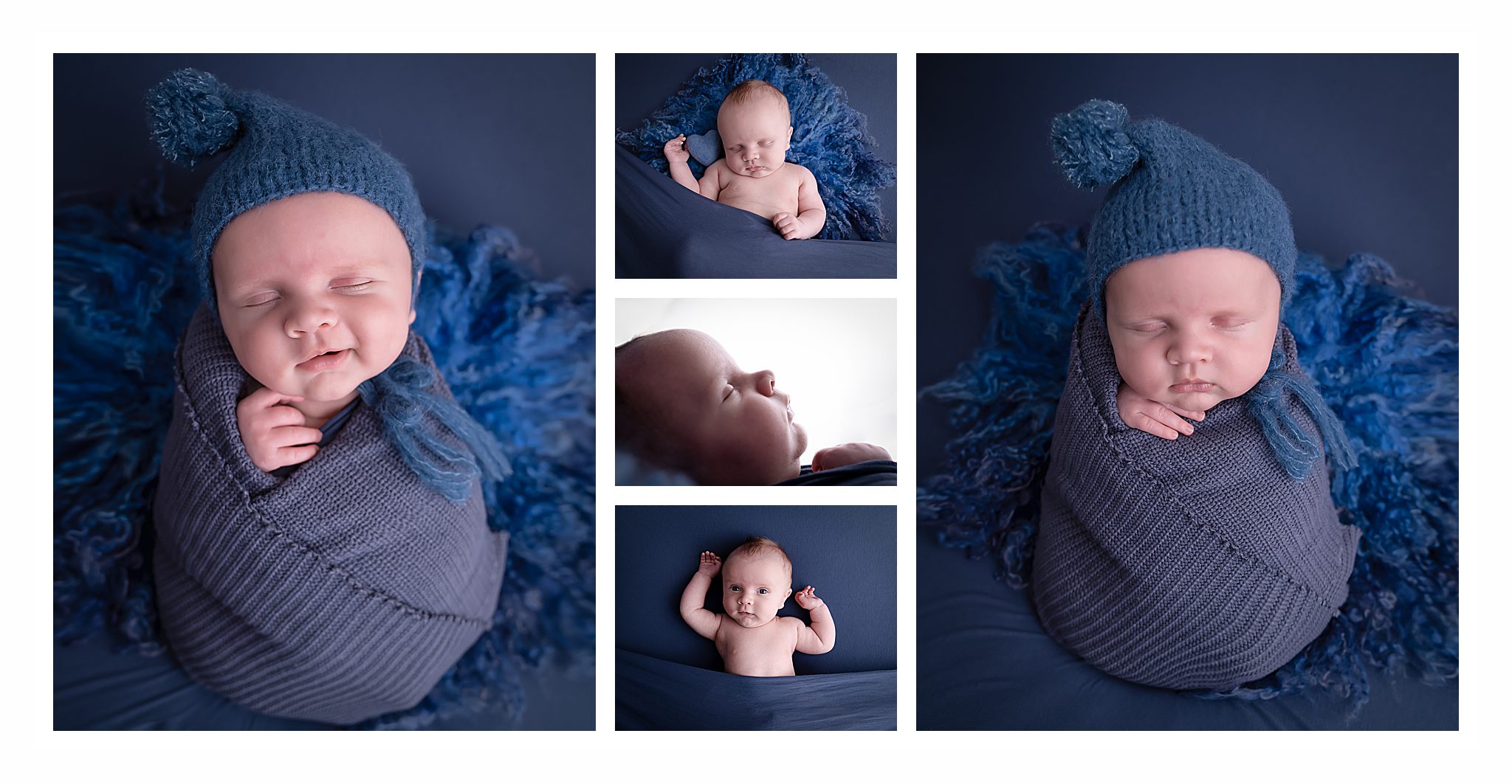 Sleeping baby in blue knit hat and wrap.