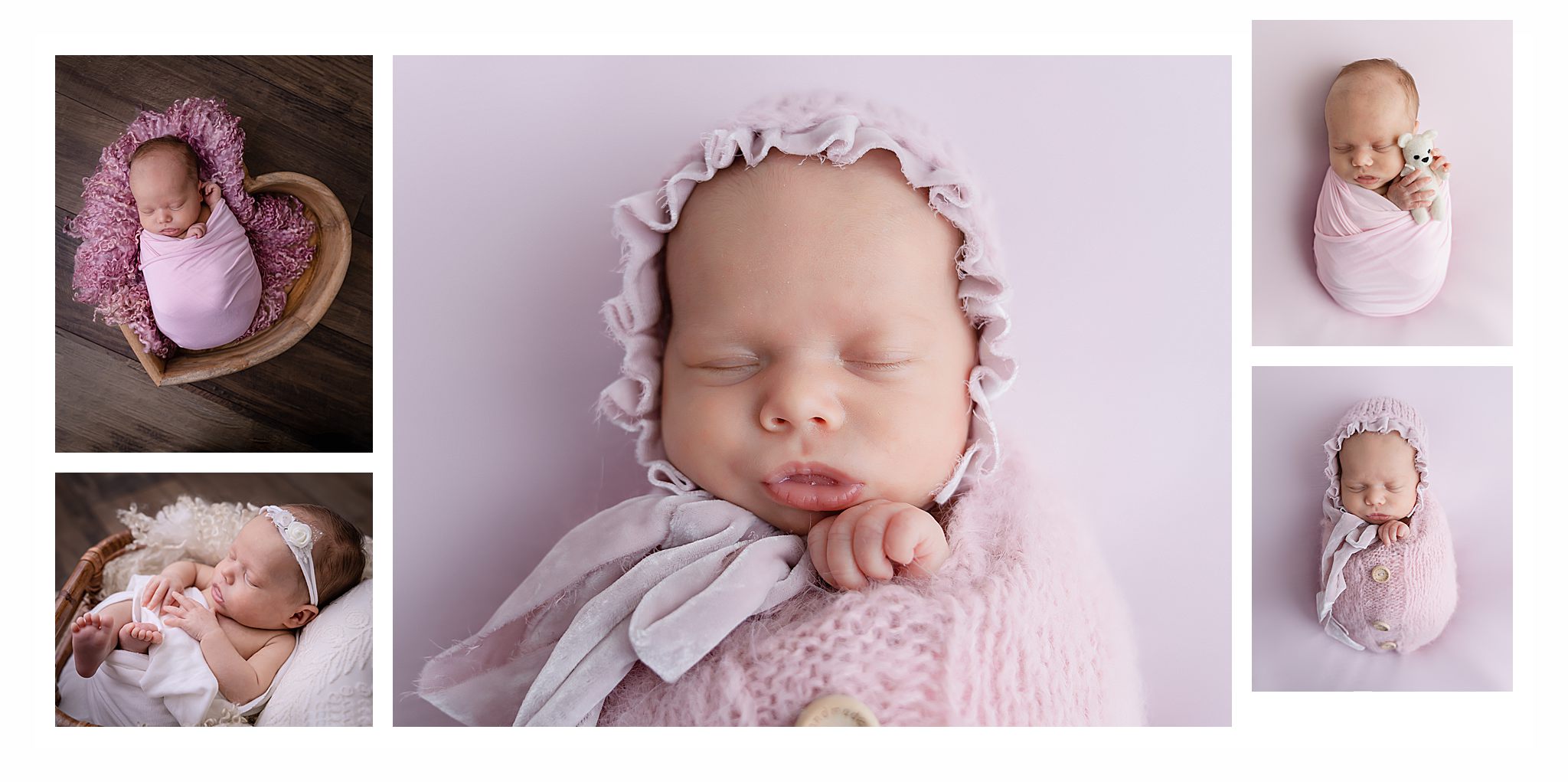 Collage of newborn baby wrapped in pink blankets.