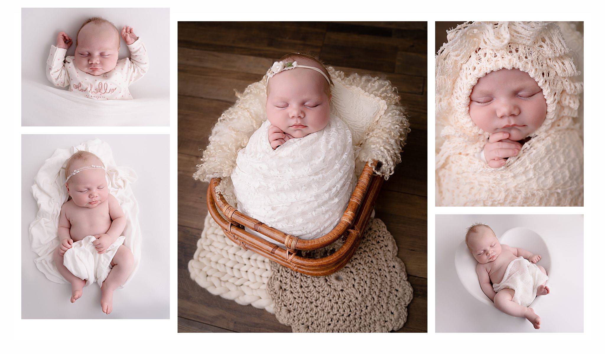 Collage of newborn baby sleeping in various poses.