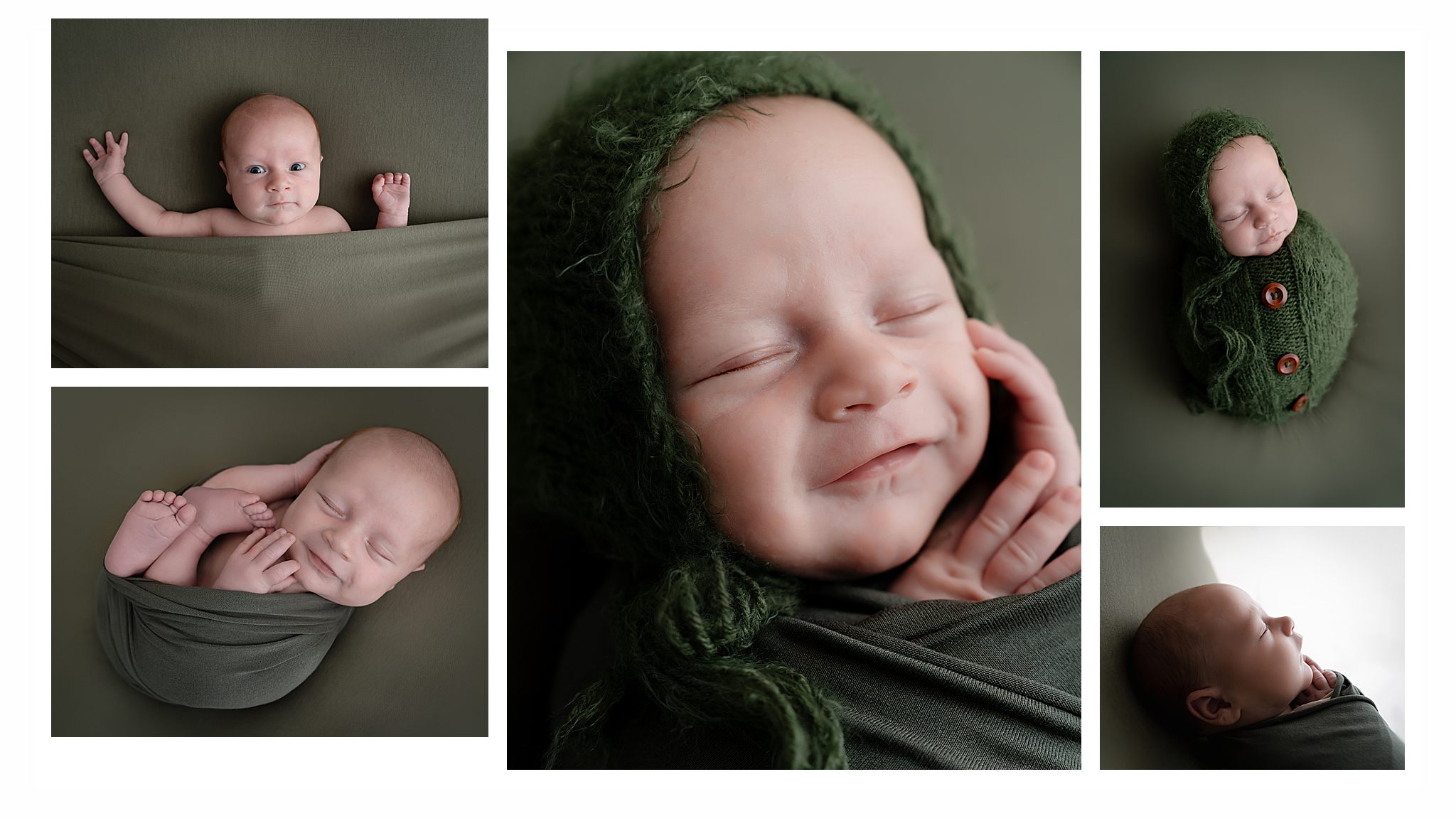 Collage of a newborn in green wrap smiling.