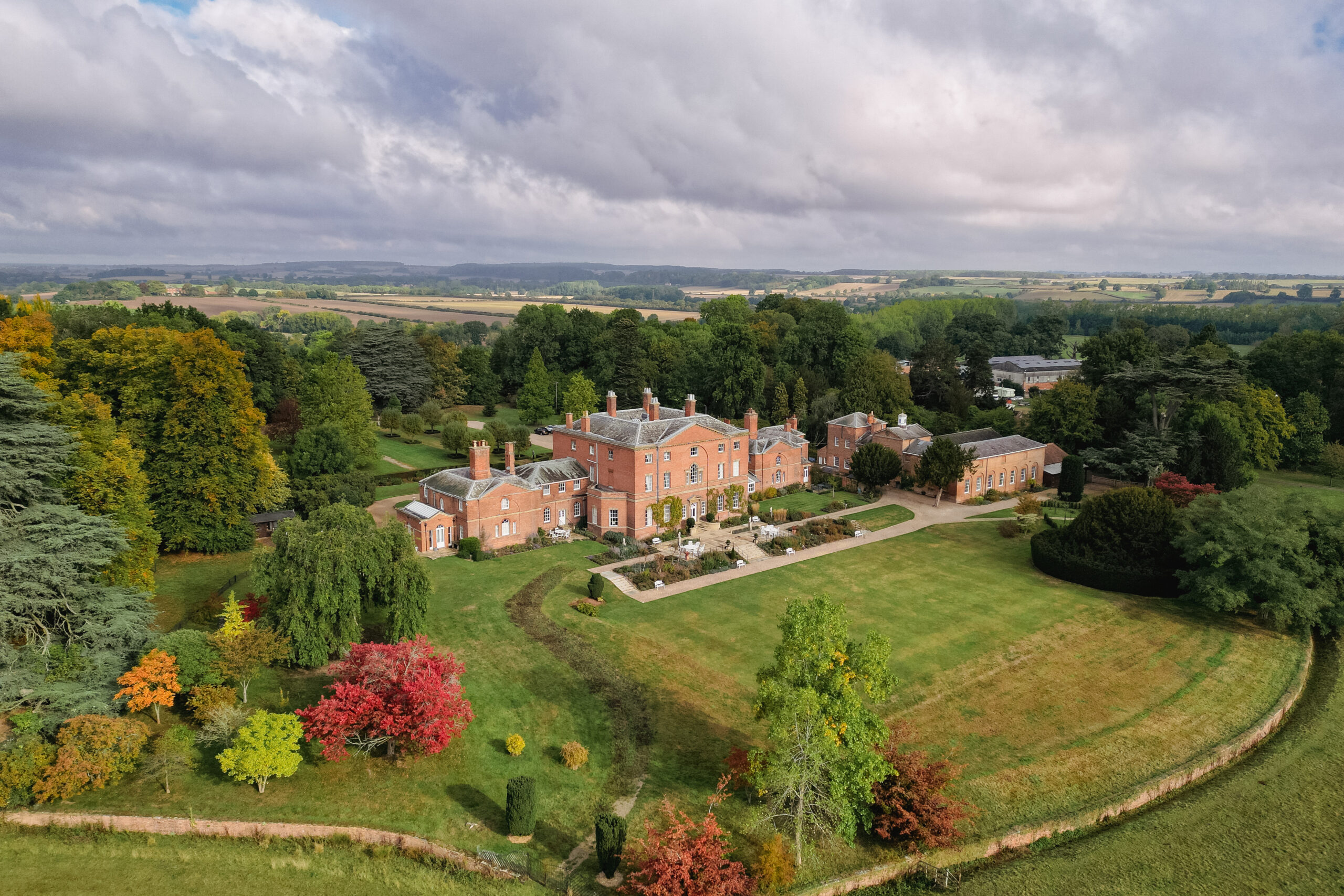 Aerial view of a large countryside estate.