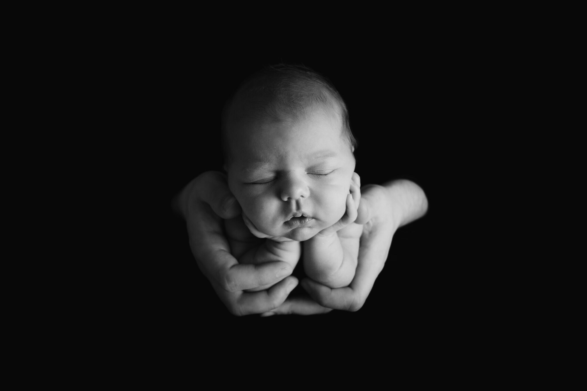 Newborn cradled in hands, black and white photo.