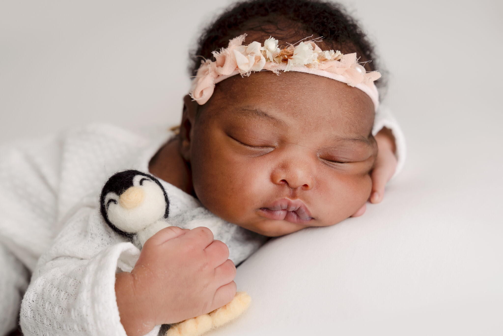 Sleeping baby with a penguin toy.