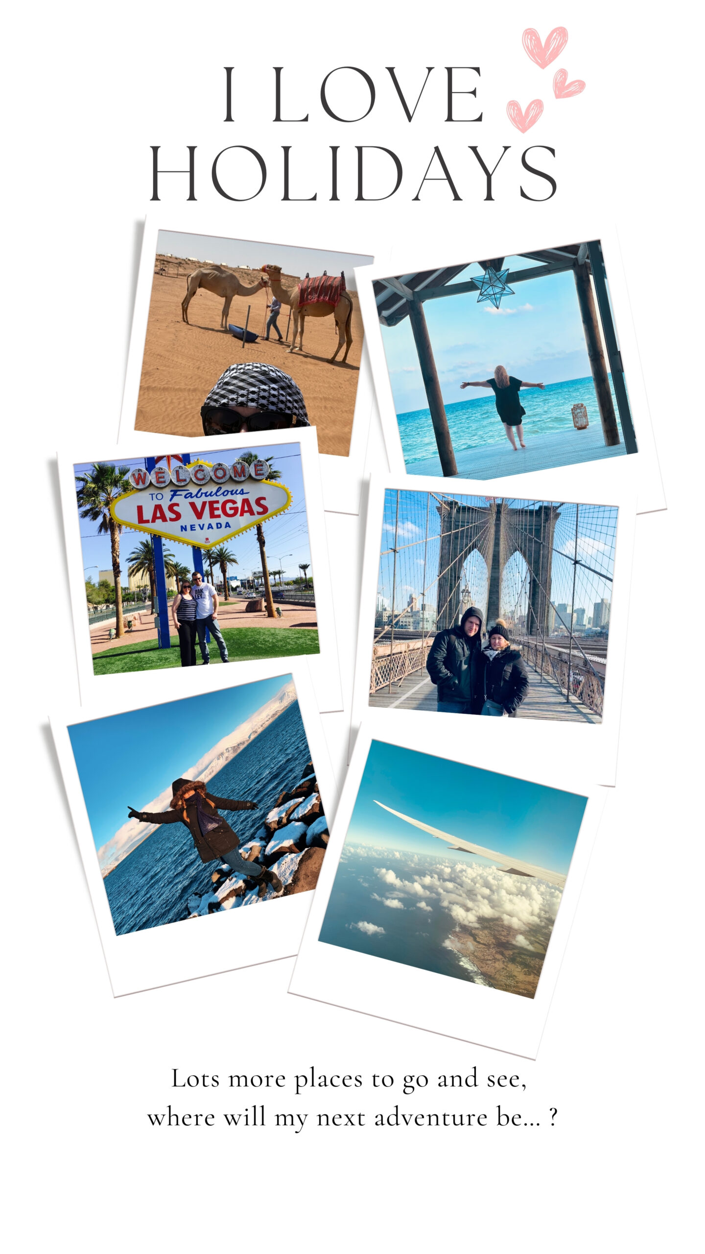 Travel collage with camels, Las Vegas, and bridge.